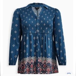 TORRID Smocked Long Sleeve Button Up Blue Floral Babydoll Top Size 1